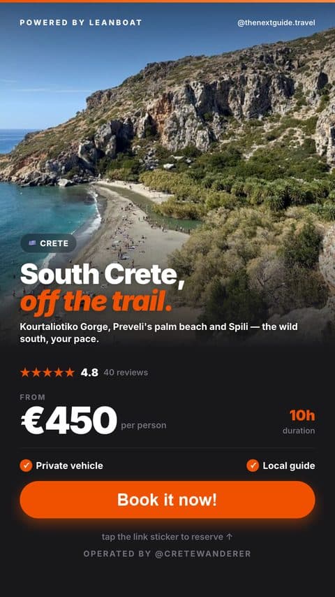 TheNextGuide Instagram Story ad: South Crete off the trail, bookings open from €450 per person