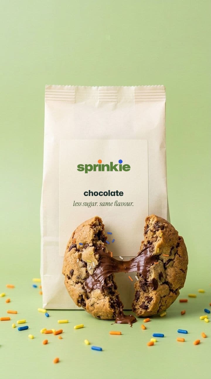 Sprinkie paper bag with the wordmark and “Less sugar. Same flavour.”