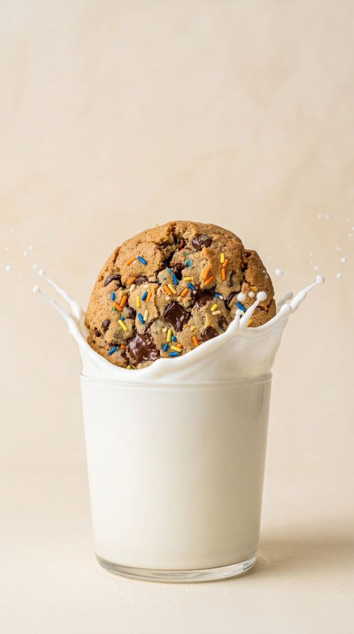 Sprinkie cookie dunked in a glass of milk