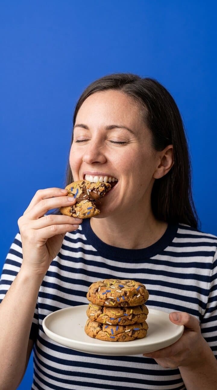 A woman biting a Sprinkie cookie on a cobalt ground