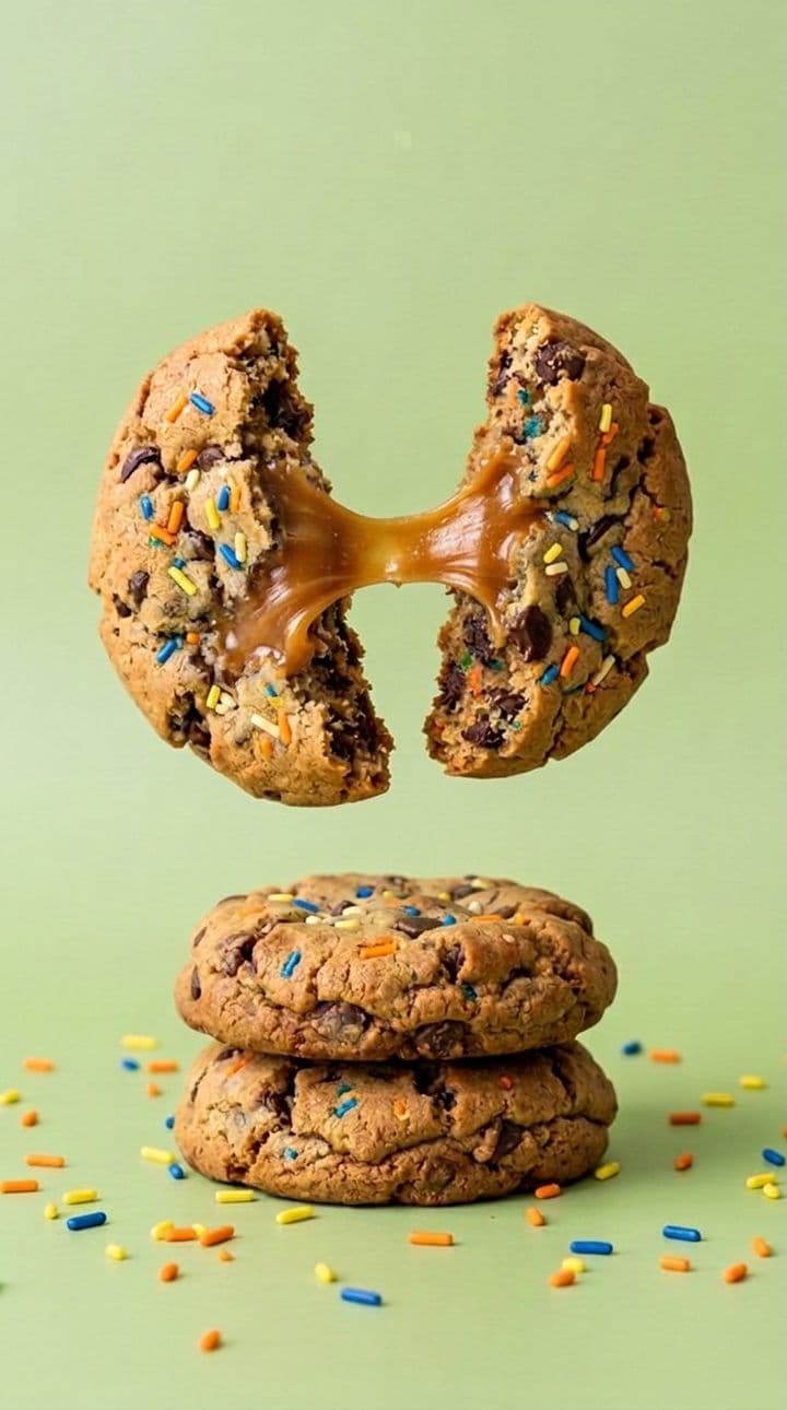 Sprinkie cookie broken open, salted caramel filling
