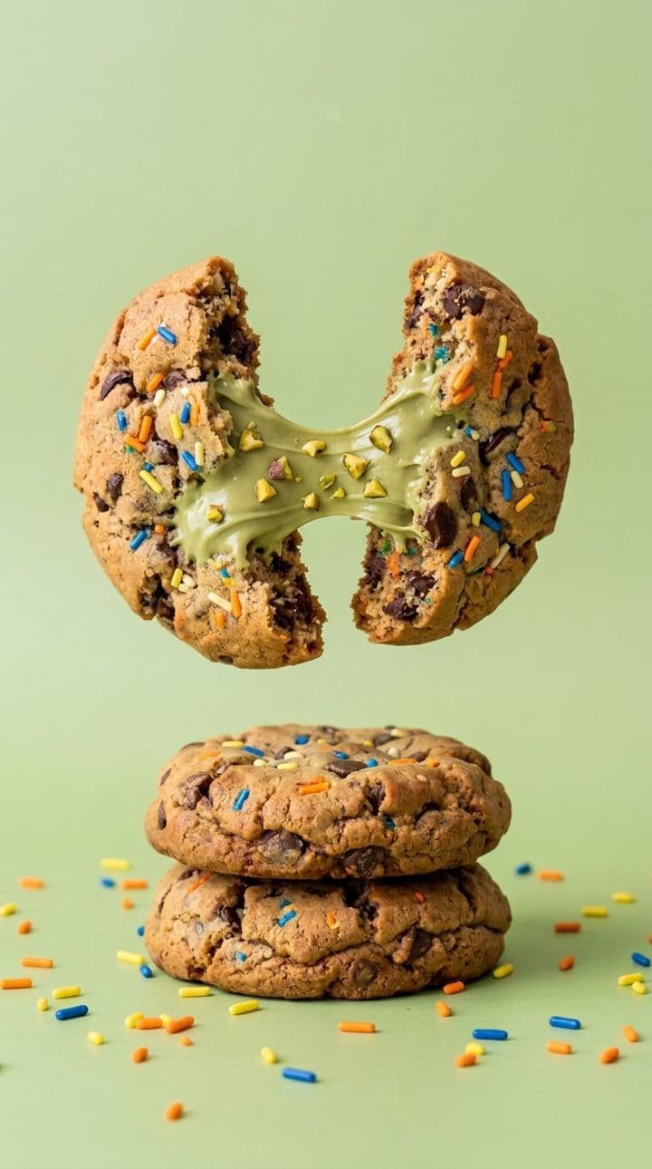 Sprinkie cookie broken open, pistachio filling