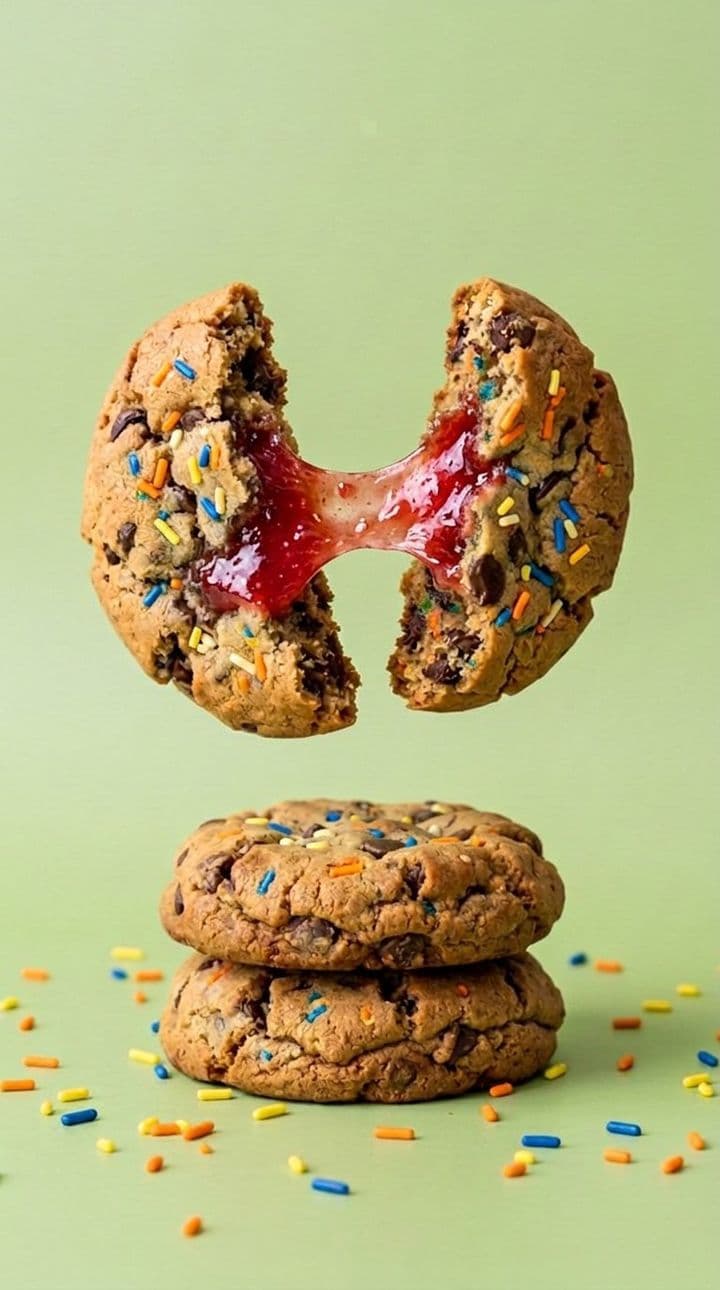 Sprinkie cookie broken open, strawberry filling