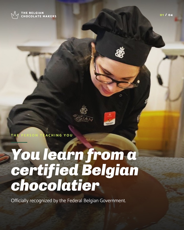 Cover of the real collaboration post: a certified Belgian chocolatier bent over a stone slab, spreading tempered chocolate by hand — YOU LEARN FROM A CERTIFIED BELGIAN CHOCOLATIER